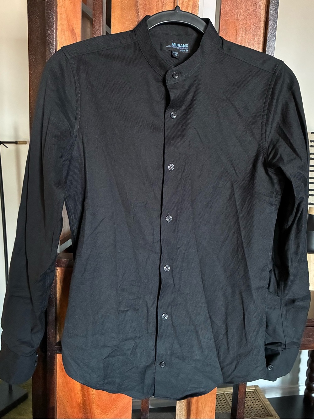Murano Black Mandarin-Collar Shirt with Subtle Texture